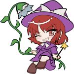  1girl bellflower blush boots bow bowtie brown_boots brown_eyes capelet chibi chibi_only dress flower full_body grin hat hat_bow holding holding_wand kirisame_marisa kirisame_marisa_(pc-98) layered_sleeves long_sleeves looking_at_viewer mirei_(miirei) one_eye_closed purple_capelet purple_dress purple_hat red_hair short_hair sidelocks simple_background smile solo star_wand story_of_eastern_wonderland touhou touhou_(pc-98) transparent_background v-shaped_eyebrows wand white_bow white_bowtie witch_hat 