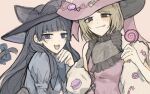  2girls :q alternate_costume alternate_hair_color animal_ears black_hair black_hat blonde_hair blue_dress brown_eyes brown_pupils candy cat_ears cat_tail commentary dot_nose dress fake_animal_ears fake_tail food frederica_bernkastel fur_shawl hat holding holding_candy holding_food holding_lollipop lambdadelta lollipop looking_at_viewer multiple_girls open_mouth pink_dress pink_hat purple_eyes shawl short_hair smile smug song78z tail tongue tongue_out umineko_no_naku_koro_ni 