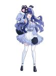  1girl :d absurdres animal_ears animal_hands apron arm_up asymmetrical_legwear blue_dress blue_hair blueberry-chan_(lilpa) blush breasts cleavage commentary detached_sleeves dog_ears dog_tail dress fake_animal_ears frilled_apron frilled_dress frills full_body gloves hand_up highres isegye_idol korean_commentary lala_2080 large_breasts loafers long_hair long_sleeves looking_at_viewer maid maid_apron maid_headdress open_mouth paw_gloves puffy_sleeves purple_eyes shoes simple_background smile solo standing tail teeth thighhighs upper_teeth_only virtual_youtuber waktaverse white_apron white_background white_thighhighs 