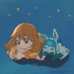  1girl blue_background blue_eyes brown_hair commentary_request glaceon highres holding light_smile may_(pokemon) medium_hair orange_suit pillow pokemon pokemon_(anime) pokemon_(creature) pokemon_the_series:_diamond_and_pearl ribbon simple_background sleeping star_(symbol) suit xrqu2xk8qb47501 yellow_ribbon 