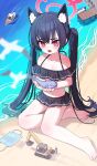  1girl absurdres animal_ear_fluff animal_ears bare_shoulders beach bikini bikini_skirt bird black_bikini black_hair blue_archive blush boat cat_ears chinese_commentary commentary_request excavator extra_ears frilled_bikini frills giant giantess halo highres holding long_hair mask mouth_mask ocean off-shoulder_bikini off_shoulder official_alternate_costume pier pink_halo red_eyes seagull serika_(blue_archive) serika_(swimsuit)_(blue_archive) sitting solo_focus surgical_mask swimsuit twintails watercraft whale xiamu_chiyu yokozuwari 