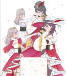  2girls 6th_live_dream_~bloom_garden_party~ black_hair blush braid ceras_yanagida_lilienfeld closed_mouth clothing_cutout commentary_request cowboy_shot crinoline detached_sleeves dress edel_note edelied edelinien elbow_gloves falling_petals feathers fist_bump flower-shaped_hair flower_stand_art frilled_skirt frills gloves gold_tiara grey_hair grey_hat hair_ribbon hat hat_feather high-low_skirt highres iroha_(nami3) juliet_sleeves katsuragi_izumi kiss kissing_hand long_hair long_sleeves looking_at_another love_live! love_live!_hasu_no_sora_jogakuin_school_idol_club multiple_girls multiple_views orange_eyes outstretched_arm petals pink_petals profile puffy_short_sleeves puffy_sleeves red_feathers red_hat red_skirt ribbon short_sleeves shoulder_cutout side_braids simple_background skirt smile strapless strapless_dress thighhighs tiara two-sided_fabric two-sided_headwear virtual_youtuber white_background white_dress white_feathers white_gloves white_hat white_thighhighs yellow_ribbon 