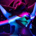 1:1 2026 2_horns 3d_(artwork) absurd_res ambiguous_gender anthro areola bisexual_pride_colors black_horn bust_portrait canid canine claws demon digital_media_(artwork) fox fur hair half-closed_eyes hi_res horn inner_ear_fluff jizzy_fox_(jizzyfox) jizzyfox lgbt_pride lgbt_pride_month looking_at_viewer mammal narrowed_eyes particles portrait pride_colors purple_body purple_fur red_areola red_sclera short_hair smile smiling_at_viewer smug solo teal_body teal_fur tuft watermark