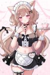  1girl :3 :q animal_ear_fluff animal_ears apron bare_shoulders black_choker black_shirt black_skirt bow breasts brown_hair cat_ears cat_girl cat_tail center_frills choker cleavage closed_mouth commentary_request cowboy_shot crop_top cup detached_sleeves frilled_shirt frilled_skirt frilled_thigh_strap frills hair_bow hair_ornament hairclip hands_up heart highres holding holding_tray kuroyuki_0713 lace-trimmed_choker lace_trim large_breasts long_hair looking_at_viewer maid maid_apron maid_headdress midriff miniskirt nail_polish navel original pink_nails red_eyes ribbon shirt short_sleeves skirt smile solo stomach tail tail_ornament tail_ribbon teacup thigh_strap tongue tongue_out tray two_side_up very_long_hair waist_apron wrist_cuffs 