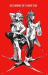  2girls absurdres agnes_tachyon_(tach-nology)_(umamusume) agnes_tachyon_(umamusume) ahoge animal_ears bandeau breasts closed_mouth coat commentary_request earrings hair_between_eyes hair_ornament hairclip highres horse_ears horse_girl horse_tail jacket jewelry jungle_pocket_(champion's_battle_cry)_(umamusume) jungle_pocket_(umamusume) lab_coat long_sleeves medium_breasts medium_hair midriff monochrome multiple_girls navel necktie notched_ear ohayonabeno open_clothes pantyhose shirt short_necktie skirt sleeves_past_fingers sleeves_past_wrists small_breasts smile sweater tail umamusume umamusume:_beginning_of_a_new_era 