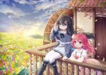  2girls :d against_railing akino_min arm_rest balcony belt black_boots black_bow black_bowtie black_hair blue_capelet blue_eyes blue_sky boots bow bowtie brick_wall brown_belt bug building butterfly buttons capelet closed_mouth cloud collared_shirt commentary_request double-parted_bangs dress falling_petals field floating_hair flower flower_field footwear_bow frilled_capelet frilled_skirt frills gradient_sky hair_between_eyes hair_bun hair_flower hair_ornament hand_rest hand_up highres house knee_boots lace-up_boots layered_sleeves lens_flare light_particles looking_afar looking_ahead medium_hair medium_skirt morning moss mountain multiple_girls on_railing open_mouth original outdoors petals pink_bow pink_eyes pink_hair pink_skirt plant purple_flower railing rural shirt short_dress short_sleeves sidelocks single_side_bun sitting skirt sky sleeve_cuffs smile stream sunlight sunrise suspender_skirt suspenders tareme thighhighs vines water water_wheel white_butterfly white_dress white_flower white_shirt white_thighhighs wind wind_turbine wooden_door wooden_floor wooden_railing wrist_bow x_hair_ornament yellow_petals yellow_sky zettai_ryouiki 