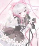  1girl artist_name black_dress bow cross-laced_clothes cross-laced_dress dated dress flower flower-trimmed_dress flower-trimmed_skirt frilled_dress_collar frilled_sleeves frills hair_bow hair_ornament hair_ribbon highres holding holding_microphone holding_microphone_stand ivanleey karaoke_manekineko lolita_fashion long_sleeves looking_at_viewer mahou_shoujo_no_majo_saiban microphone microphone_stand multicolored_hair neck_ribbon official_alternate_costume pink_eyes pink_hair ribbon sakuraba_ema short_hair signature simple_background solo v white_background white_hair 