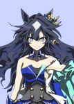  1girl animal_ears asymmetrical_clothes asymmetrical_jacket bare_shoulders black_corset blue_hair breasts cleavage closed_mouth corset ear_covers hair_between_eyes highres horse_ears horse_girl long_hair looking_at_viewer medium_breasts mole mole_under_eye purple_eyes simple_background single_ear_cover smile solo umamusume verxina_(le_beau_sommet)_(umamusume) verxina_(umamusume) zukki_(bijitaru) 