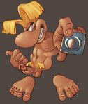 absurd_res big_eyes big_nose blonde_hair condom erection genitals gesture glans hair hi_res humanoid male mascot modular_anatomy nipples not_furry penis pubes ravuer rayman rayman_(series) sexual_barrier_device silly_pose simple_background smile solo standing suggestive suggestive_gesture tan_body tan_glans tan_nipples tan_penis tan_skin ubisoft unknown_species vein veiny_penis