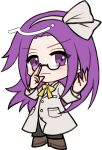  1girl adjusting_eyewear asakura_rikako black-framed_eyewear black_pants blush bow bow_hairband bowtie brown_shoes chibi chibi_only closed_lab_coat closed_mouth frown full_body hairband lab_coat layered_sleeves long_hair long_sleeves looking_at_viewer mirei_(miirei) pants parted_bangs pince-nez purple_eyes purple_hair semi-rimless_eyewear shoes simple_background solo standing touhou touhou_(pc-98) transparent_background under-rim_eyewear v-shaped_eyebrows white_hairband yellow_bow yellow_bowtie 