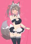  1girl animal_ears armband black_skirt black_thighhighs blush breasts brown_eyes brown_hair choker cleavage cleavage_cutout closed_mouth clothing_cutout commentary_request crop_top embarrassed frilled_armband frilled_choker frilled_skirt frilled_thigh_strap frilled_wrist_cuffs frills hair_ornament hairclip highres large_breasts looking_at_viewer maid_headdress medium_hair navel onii-chan_wa_oshimai! oyama_mihari pink_background short_twintails simple_background skirt solo stomach sweat tail thigh_strap thighhighs twintails waitress wanpai_liu white_background white_headdress wolf_ears wolf_girl wolf_tail wrist_cuffs 