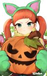  1girl aikatsu!_(series) aikatsu_stars! animal_ear_hairband animal_ears animal_hands artist_name blunt_bangs closed_mouth commentary_request fake_animal_ears furrowed_brow gloves green_eyes green_gloves hairband halloween halloween_costume hands_up highres hitoto jack-o'-lantern long_hair looking_at_viewer orange_hair paw_gloves pumpkin saotome_ako solo twintails upper_body white_background 