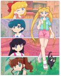  5girls :o ;) absurdres aino_minako bishoujo_senshi_sailor_moon blonde_hair blue_eyes blue_hair blue_jacket bow brown_hair cat closed_mouth commentary crabpinches double_bun earrings english_commentary food green_eyes green_shirt hair_bow hair_bun heart heart_earrings highres hino_rei holding holding_food jacket jewelry kino_makoto long_hair looking_at_viewer luna_(sailor_moon) mizuno_ami multiple_girls one_eye_closed open_clothes open_jacket open_mouth pink_shorts ponytail purple_eyes purple_hair red_bow shirt shoes short_hair shorts smile steamed_bun striped_clothes striped_shirt stud_earrings tsukino_usagi twintails very_long_hair white_shoes 