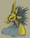 alien anthro areola armor avian big_breasts black_body black_feathers breasts bust_portrait colored face_covered feather_hair feathered_crest feathers female halo_(series) head_crest headgear helmet hi_res kig-yar looking_away microsoft non-mammal_breasts portrait pseudo_hair pupils scalie sharp_teeth simple_background slit_pupils solo spartankay515 spaulder t'vaoan teeth xbox_game_studios yellow_eyes