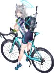  1girl animal_ear_fluff animal_ears arched_back ass assault_rifle backpack bag bicycle bike_jersey bike_shorts blue_archive blue_bike_shorts blue_eyes blue_halo blue_shoes bob_cut breasts bright_pupils charm_(object) cleats clothes_writing clothing_cutout cross cross_hair_ornament english_text extra_ears from_behind full_body game_asset glove_cutout gloves green_gloves grey_hair gun hair_ornament halo hand_up highres holding_strap kneepits large_variant_set latin_cross leaning_forward legs looking_at_viewer mismatched_pupils multicolored_shirt mx2j official_art parted_lips rifle road_bicycle scope shiroko_(blue_archive) shiroko_(cycling)_(blue_archive) shirt shoes short_hair short_sleeves sidelocks sig_556 sig_sauer simple_background small_breasts socks solo standing sweat tachi-e third-party_source tiptoes transparent_background variant_set very_sweaty weapon white_pupils white_socks wolf_ears wolf_girl 