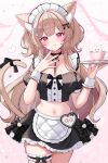  1girl :3 :q absurdres animal_ear_fluff animal_ears apron bare_shoulders black_choker black_shirt black_skirt bow breasts brown_hair cat_ears cat_girl cat_tail center_frills choker cleavage closed_mouth commentary_request cowboy_shot crop_top cup detached_sleeves frilled_shirt frilled_skirt frilled_thigh_strap frills hair_bow hair_ornament hairclip hands_up heart highres holding holding_tray kuroyuki_0713 lace-trimmed_choker lace_trim large_breasts long_hair looking_at_viewer maid maid_apron maid_headdress midriff miniskirt nail_polish navel original pink_nails red_eyes ribbon shirt short_sleeves skirt smile solo stomach tail tail_ornament tail_ribbon teacup thigh_strap tongue tongue_out tray two_side_up very_long_hair waist_apron wrist_cuffs 
