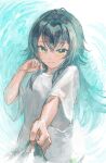  1girl absurdres commentary_request gakuen_idolmaster green_eyes green_hair hai_bokusha hair_flaps highres idolmaster long_hair looking_at_viewer pov shirt solo t-shirt tsukimura_temari very_long_hair white_shirt 