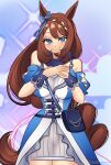  1girl absurdres animal_ears bag bare_shoulders blue_bag blue_dress blue_eyes blue_scarf blue_wrist_cuffs blush bow braid braided_ponytail breasts brown_hair closed_mouth dress ear_bow hair_between_eyes highres horse_ears horse_girl horse_tail large_breasts long_hair looking_at_viewer missandydandy multicolored_hair scarf shoulder_bag smile solo streaked_hair super_creek_(murmuring_stream)_(umamusume) super_creek_(umamusume) tail umamusume very_long_hair white_hair wrist_cuffs 