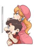  1boy 1girl applying_lipstick applying_makeup arm_hair bbik_gam3 blonde_hair blue_eyes brown_hair commentary_request cosmetics dress facial_hair hat holding holding_lipstick_tube holding_razor korean_commentary lipstick lipstick_tube looking_at_mirror makeup mario mario_(series) mirror mustache pink_dress pink_hat pink_lips pink_nails princess_peach razor razor_blade red_shirt shaving shaving_cream shirt 