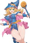 1girl :d blonde_hair blue_boots blue_leotard blue_wrist_cuffs blush_stickers boots breasts cameltoe commentary_request commission dark_magician_girl duel_monster green_eyes hat highleg highleg_leotard highres holding holding_wand large_breasts leotard long_hair looking_at_viewer magic_circle open_mouth pentagram revision shimouki_izui simple_background smile solo teeth thighs upper_teeth_only wand white_background wizard_hat wrist_cuffs yu-gi-oh! 
