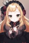  1boy black_dress black_hairband blonde_hair center-flap_bangs commentary_request crossdressing crossdressing_(mtf) crown dress frilled_hairband frills green_eyes grey_background hairband highres holding holding_scissors juliet_sleeves kibimaro long_hair long_sleeves looking_at_viewer male_focus nijisanji official_alternate_costume puffy_sleeves scissors short_bangs simple_background solo trap upper_body uzuki_kou uzuki_kou_(4th_costume) virtual_youtuber wide_sleeves 