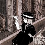  1girl absurdres boots bow brown_theme building capelet cigarette collared_shirt commentary condenser_unit galm_x_lmr_(ryonasa) hat hat_bow highres holding holding_paper_airplane long_sleeves looking_afar medium_hair paper_airplane rooftop shirt sitting skyscraper solo touhou usami_renko window 