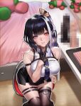  1girl absurdres armband bare_shoulders black_gloves black_hair black_skirt black_thighhighs breasts commentary_request garter_belt gloves hair_ribbon heart heart-shaped_pupils heterochromia highres indie_virtual_youtuber kidmo kneehighs korean_commentary large_breasts looking_at_viewer miniskirt multicolored_hair necktie over-kneehighs purple_eyes purple_hair purple_necktie rakoko_(vtuber) red_eyes ribbon shirt single_kneehigh single_sock single_thighhigh sitting skirt sleeveless sleeveless_shirt smile socks solo symbol-shaped_pupils teeth thigh_focus thighhighs thighs v virtual_youtuber white_hair 