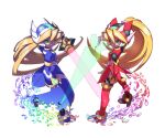  2girls blue_dress blue_helmet bodysuit cial_(mega_man) ciel_(mega_man) commentary_request digital_dissolve dress energy_sword full_body helmet holding holding_sword holding_weapon looking_at_viewer looking_back mega_man_(series) mega_man_zero_(series) multiple_girls red_dress red_helmet siblings simple_background sisters sword tonami_kanji twins weapon white_background 