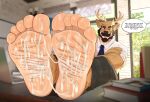 5_toes accessory anthro antlers arm_hair barefoot beard black_clothing black_eyes black_facial_hair blue_eyes bodily_fluids body_hair book bottomwear brown_body brown_eyes brown_fur clothed clothing countershading crossed_arms cum cum_on_feet deer desk dialogue english_text facial_hair feet flufflecraft foot_fetish foot_focus fur furniture genital_fluids hair hi_res horn humanoid_feet inside looking_at_viewer male male_anthro mammal mature_male multicolored_body mustache necktie office pants plantigrade shirt sitting smile soles solo speech_bubble table talking_to_viewer tan_body teacher text toes topwear white_clothing white_shirt white_topwear wrinkled_feet wrinkles
