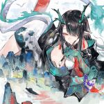  1girl absurdres aqua_horns arknights bare_shoulders black_hair blue_hands chinese_commentary colored_extremities commentary_request dragon_girl dragon_horns dragon_tail dusk_(arknights) earrings eastern_dragon_tail hair_over_one_eye highres holding holding_paintbrush horns jewelry long_hair long_sleeves looking_down lying multicolored_hair on_stomach paintbrush pointy_ears red_eyes solo streaked_hair tail xiangchizhubijin 