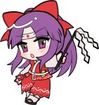  1girl :o black_sandals blush bow chibi chibi_only commentary_request full_body gohei hair_bow hakurei_reimu hakurei_reimu_(pc-98) highly_responsive_to_prayers holding holding_gohei long_hair long_sleeves looking_at_viewer mirei_(miirei) open_mouth pants parted_bangs purple_eyes purple_hair red_bow red_pants red_vest sandals shirt simple_background socks solo standing touhou touhou_(pc-98) transparent_background vest white_shirt white_socks 