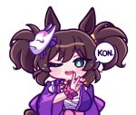  1girl animal_ears aya_chan1221 blush breasts brown_hair chest_sarashi fang fox_mask fox_shadow_puppet green_eyes hair_between_eyes horse_ears horse_girl horse_tail inari_one_(edomurasaki)_(umamusume) inari_one_(umamusume) japanese_clothes kimono large_breasts looking_at_viewer mask mask_on_head one_eye_closed open_mouth purple_kimono rope sarashi scrunchie shimenawa simple_background smile solo speech_bubble tail twintails umamusume white_background wrist_scrunchie 