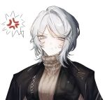 1girl anger_vein black_jacket black_vest blue_eyes body_switch brown_sweater commentary don_quixote_(project_moon) faust_(project_moon) gmxh_mx jacket jacket_on_shoulders limbus_company personality_switch pout project_moon short_hair simple_background solo spoken_anger_vein sweater turtleneck turtleneck_sweater untranslatable_commentary upper_body v-shaped_eyebrows vest white_background white_hair 