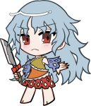  1girl :< barefoot blue_hair blue_sleeves blush chibi chibi_only cleaver closed_mouth detached_sleeves dress full_body holding holding_cleaver long_hair looking_at_viewer mirei_(miirei) multicolored_dress orange_dress red_dress red_eyes sakata_nemuno simple_background sleeveless sleeveless_dress solo standing touhou transparent_background yellow_dress 