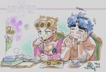  3boys blonde_hair book chair commentary cookie eating father_and_child father_and_son flower food giorno_giovanna hair_flower hair_ornament jojo_no_kimyou_na_bouken jonathan_joestar multiple_boys pannacotta_fugo parent_and_child phantom_blood tmblyeet vento_aureo 