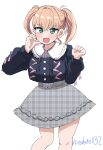  1girl :d absurdres aqua_eyes black_cardigan cardigan clenched_hand collared_shirt commentary cropped_cardigan ereka feet_out_of_frame frilled_shirt_collar frills grey_skirt half-heart_hands hand_on_own_cheek hand_on_own_face hands_up highres hinoshita_kaho hinoshita_kaho_(birthday_jirai_kei) looking_at_viewer love_live! love_live!_hasu_no_sora_jogakuin_school_idol_club medium_hair miniskirt orange_hair plaid_clothes plaid_skirt shirt simple_background skirt smile solo standing twintails unmoving_pattern virtual_youtuber white_background white_shirt 