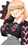  1girl :d aqua_eyes black_cardigan breasts cardigan collared_shirt commentary cropped_cardigan frilled_shirt_collar frills grey_skirt hair_ribbon high-waist_skirt highres hinoshita_kaho hinoshita_kaho_(birthday_jirai_kei) large_breasts looking_at_viewer love_live! love_live!_hasu_no_sora_jogakuin_school_idol_club medium_hair open_mouth orange_hair pink_ribbon plaid_clothes plaid_skirt ribbon shirt skirt smile solo twintails unmoving_pattern virtual_youtuber white_shirt yasaibatake_(yasaibatakue) 