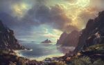  absurdres beach blue_sky cliff cloud cloudy_sky commentary english_commentary grass highres landscape no_humans ocean original outdoors painterly painting_(medium) philipp_urlich reflection reflective_liquid rock scenery shore signature sky sunlight traditional_media water yellow_sky 
