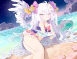  1girl absurdres ahoge azusa_(blue_archive) azusa_(swimsuit)_(blue_archive) beach bikini blue_archive bow deformed detached_sleeves feathered_wings frilled_bikini frills hair_bow highres kou_koufu looking_at_viewer lying navel ocean on_side outdoors pink_bow pink_eyes sand swimsuit water white_hair wings yellow_bow 