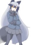  1girl akara_kai animal_ears black_gloves black_hair black_jacket black_pantyhose black_skirt blush bow bowtie extra_ears fox_ears fox_tail fur_trim gloves grey_hair hair_between_eyes highres jacket kemono_friends long_hair long_sleeves looking_at_viewer multicolored_hair pantyhose silver_fox_(kemono_friends) skirt solo tail 