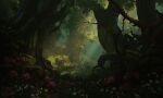  absurdres commentary english_commentary flower forest grass highres moss nature no_humans original outdoors painterly painting_(medium) philipp_urlich plant_roots purple_flower scenery signature sunlight traditional_media tree white_flower 