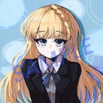  1girl black_suit blonde_hair blue_background blue_bow blue_bowtie blue_cardigan blue_eyes bow bowtie braid cardigan collared_shirt commentary_request dress long_hair long_sleeves looking_at_viewer mahou_shoujo_no_majo_saiban nutsumi47 open_clothes saeki_miria sample_watermark shirt smile solo suit watermark white_shirt 