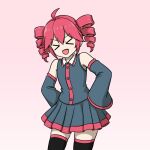  >_< 1girl :d ahoge bare_shoulders black_shirt black_skirt black_sleeves black_thighhighs buttons closed_eyes commentary cowboy_shot detached_sleeves drill_hair fukkireta hair_between_eyes hands_on_own_hips kasane_teto kasane_teto_(utau) mismatched_collar open_mouth pieup pleated_skirt red_eyes red_hair red_trim revision shirt sidelocks simple_background skindentation skirt sleeveless sleeveless_shirt sleeves_past_fingers sleeves_past_wrists smile solo thighhighs twin_drills utau wing_collar xd zettai_ryouiki 