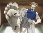 5_fingers 5_toes accessory anthro barefoot beastars blue_clothing blue_eyes blurred_background bottomwear bovid brown_body canid canine caprine clothed clothing crushed_micros dialogue dominant english_text extreme_size_difference feet fingers foot_fetish foot_focus foot_play fox fur grey_body grey_clothing group hair hand_on_hip hi_res horn humanoid_feet larger_anthro larger_male low-angle_view macro male male/male male_anthro mammal micro necktie nude orange_body pants pattern_bottomwear pattern_clothing pattern_pants pina_(beastars) plantigrade sheep size_difference smaller_anthro smaller_male smellslikejavier smile soles stomping striped_bottomwear striped_clothing stripes stuck_to_foot tail text toes topwear trio vest white_body white_clothing white_fur wool_(fur)