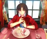  1girl ahoge blue_eyes blurry blush bokeh brown_hair cup curtains depth_of_field dessert drinking_glass food highres ice iro_(sekaixiro) jacket japanese_clothes kara_no_kyoukai kimono leather leather_jacket looking_at_viewer ryougi_shiki short_hair smile solo tablecloth type-moon 