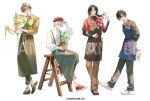  4boys adjusting_clothes adjusting_headwear apron argyle_clothes arms_behind_back black_apron black_hair black_shirt blue_apron bouquet brown_apron brown_hair brown_pants brown_shirt collared_shirt commentary_request copyright_notice flower gardening_shears genzuki_toujirou glasses green_pants green_shoes green_vest grey_pants hat holding holding_bouquet holding_flower holding_plant kawausoman ladder looking_at_viewer male_focus medium_hair monocle multiple_boys nijisanji official_art oliver_evans pants plant ponytail potted_plant rectangular_eyewear red_eyes red_hat red_shirt red_shoes sample_watermark shellin_burgundy shikinagi_akira shirt shoes short_hair short_sleeves simple_background sitting smile sneakers stepladder suspenders undershirt vest virtual_youtuber waist_apron watermark white_background white_flower white_hair white_shirt white_shoes yellow_flower 