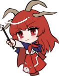  1girl blue_cape blush brown_horns buttons cape chibi chibi_only closed_mouth commentary_request full_body holding holding_polearm holding_weapon horns long_hair long_skirt long_sleeves looking_at_viewer mirei_(miirei) multiple_horns polearm red_cape red_eyes red_hair red_skirt shingyoku_(female)_(touhou) shingyoku_(touhou) shirt simple_background skirt solo spear standing touhou touhou_(pc-98) transparent_background two-sided_cape two-sided_fabric weapon white_shirt 