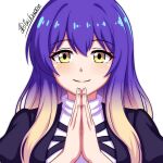  1girl black_dress blonde_hair blush closed_mouth commentary cross-laced_clothes cross-laced_dress dress gradient_hair highres hijiri_byakuren looking_at_viewer multicolored_hair own_hands_together palms_together purple_hair shgngzhngdeyti1 simple_background smile solo touhou upper_body white_background white_dress yellow_eyes 
