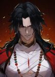  1boy absurdres alternate_costume bandaged_chest bandages bead_necklace beads black_hair blade_(honkai:_star_rail) commentary_request curtained_hair furrowed_brow her_story highres honkai:_star_rail honkai_(series) jacket jewelry long_hair looking_at_viewer male_focus mortenax_blade_(honkai:_star_rail) necklace official_alternate_costume open_clothes open_jacket parted_lips portrait red_eyes red_jacket smirk solo widow's_peak 