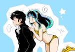  ! 1boy 1girl ? animal_print arms_up averting_eyes bikini blue_hair blush breasts brown_eyes brown_hair cleavage commentary_request cone_horns fur_bikini gakuran highres horns leg_up long_hair lum midriff moroboshi_ataru print_bikini print_boots school_uniform short_hair small_horns spoken_exclamation_mark spoken_question_mark star_(symbol) strapless strapless_bikini striped_horns swimsuit tapping_another's_back tiger_panties tiger_print urusei_yatsura yellow_background yellow_bikini yellow_horns yonaka_ma12kara 